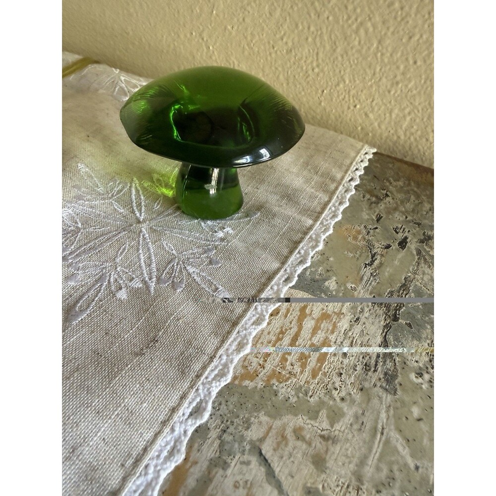 Viking Glass Mushroom Paperweight Vintage MCM Avocado Green 3 Inch Cap